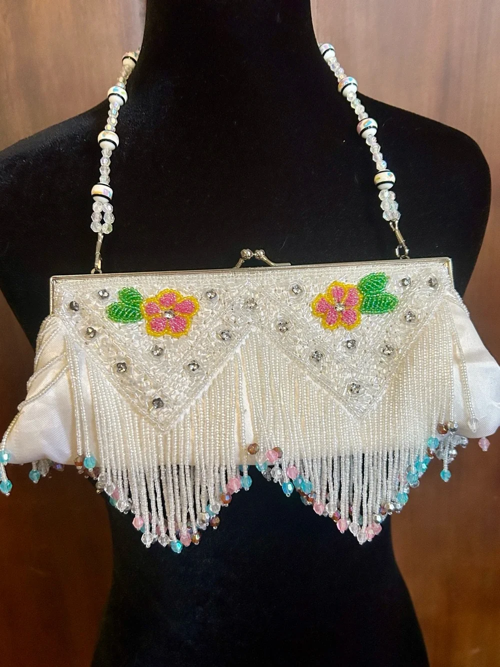 Beaded Floral Satin Fringe Evening Clutch Purse